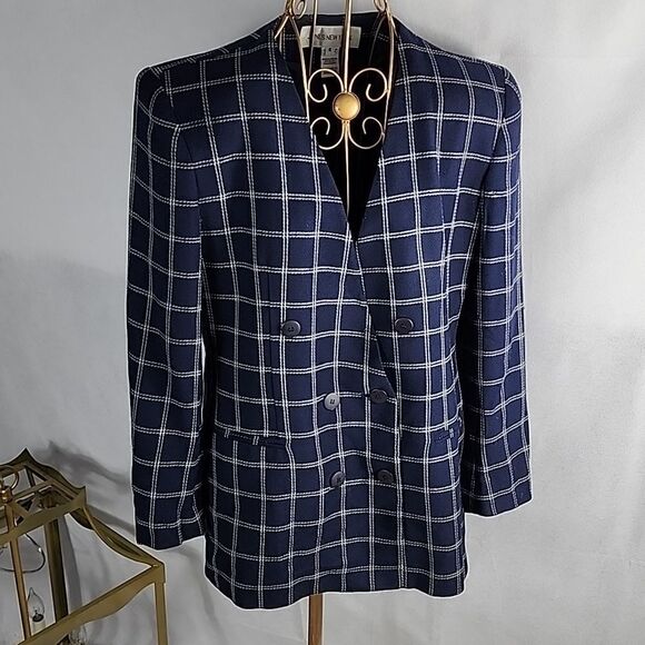 Vintage Jones New York Size 8 Checkered Navy Blue Double Breasted Jacket Blazer - Picture 1 of 7